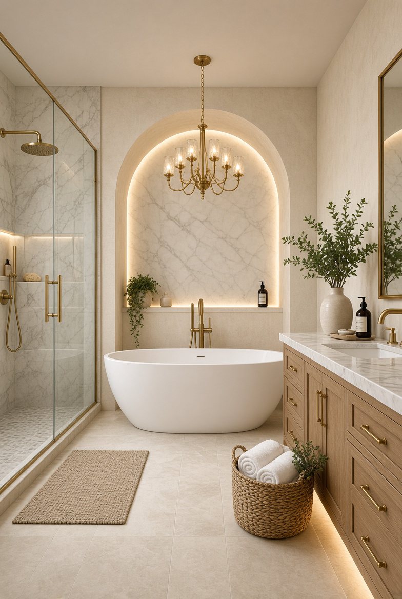 Primary bath with arched lit niche, chandelier and freestanding tub