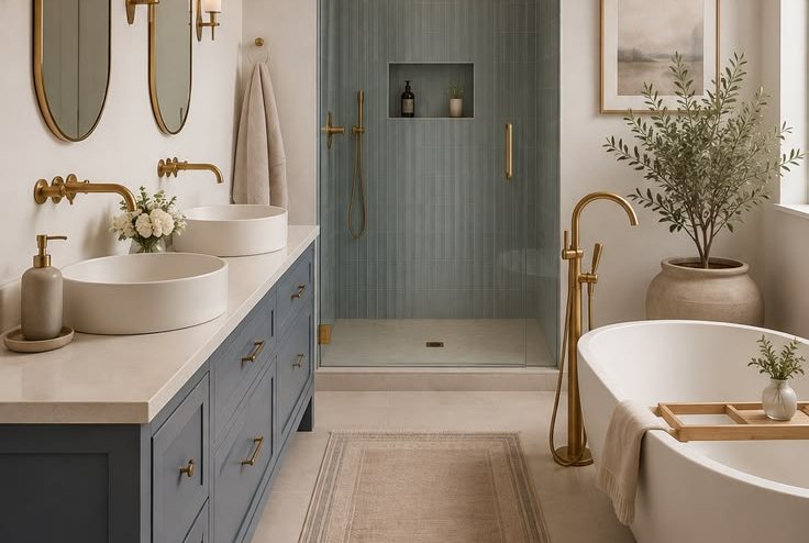 Bathroom with navy vanity, blue tile shower and freestanding tub