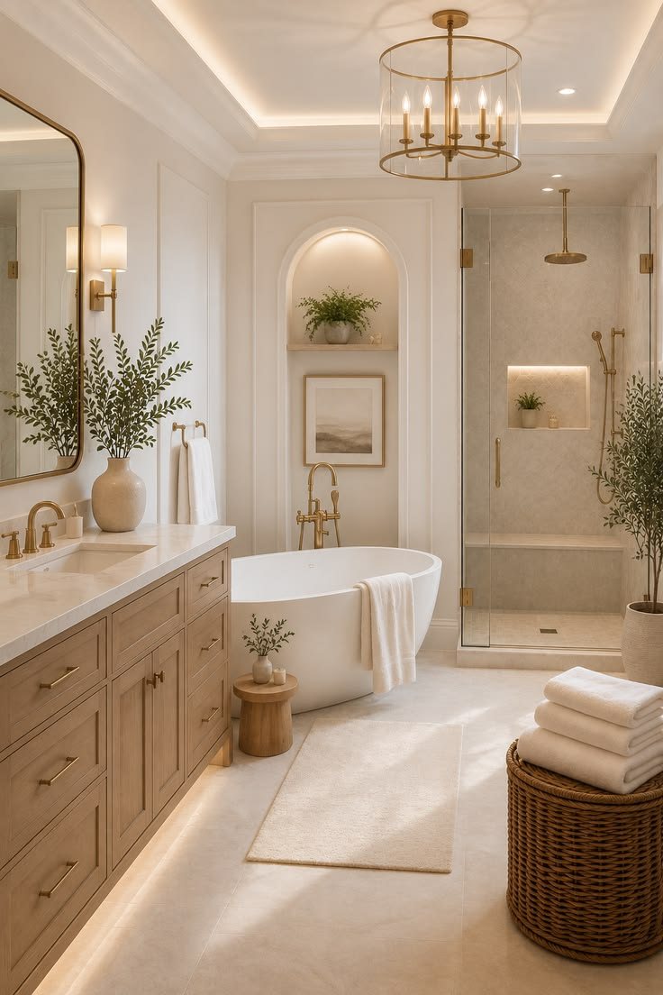 Spa-style bath with freestanding tub, arched niche and glass shower