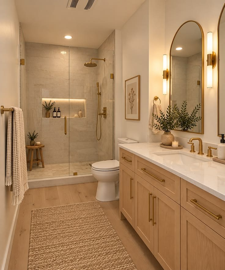 Bathroom with glass shower, lit niche and white oak vanity
