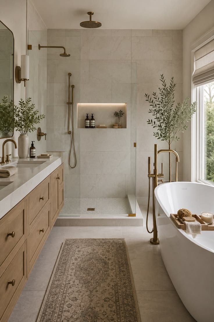 Walk-in glass shower with freestanding tub and wood vanity