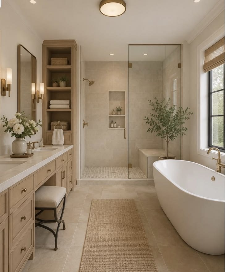 Primary bath with built-in vanity, walk-in shower and freestanding tub