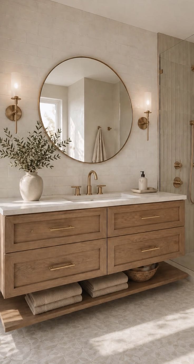 Floating oak vanity with round mirror and brass sconces