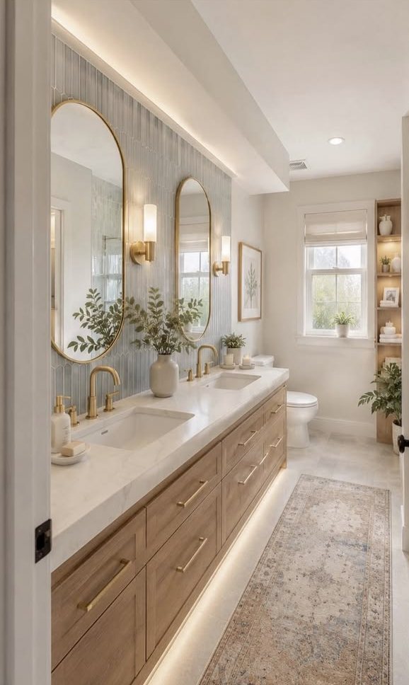 Double vanity with tall arched mirrors and under-cabinet lighting