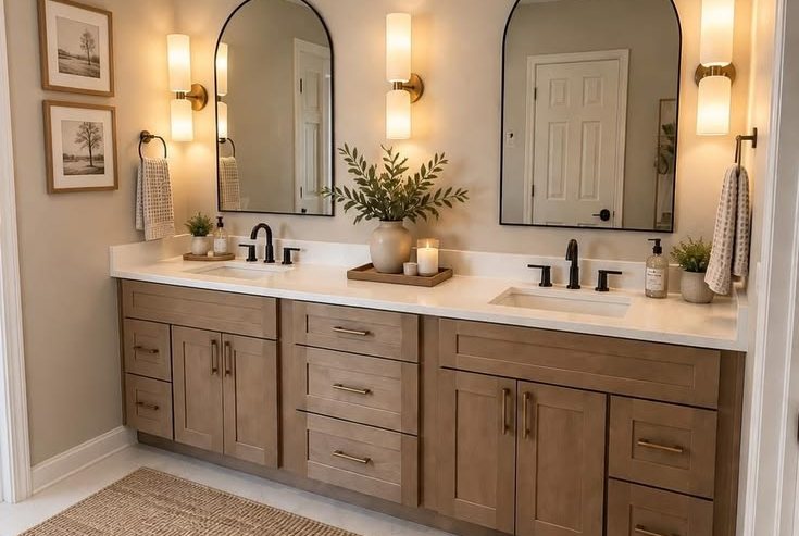Double vanity in warm wood with arched mirrors and brass sconces