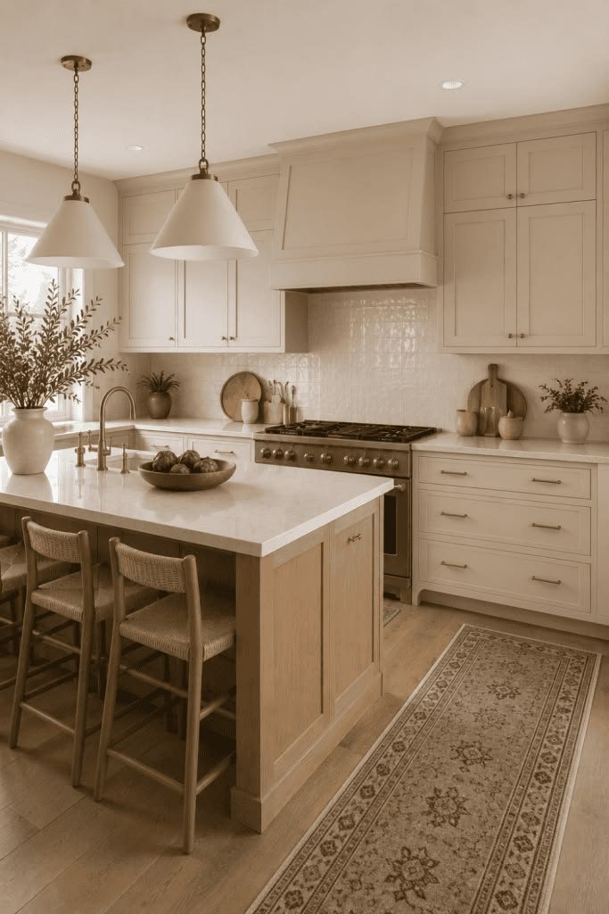 Cream kitchen with oak island, linen pendants and counter stools