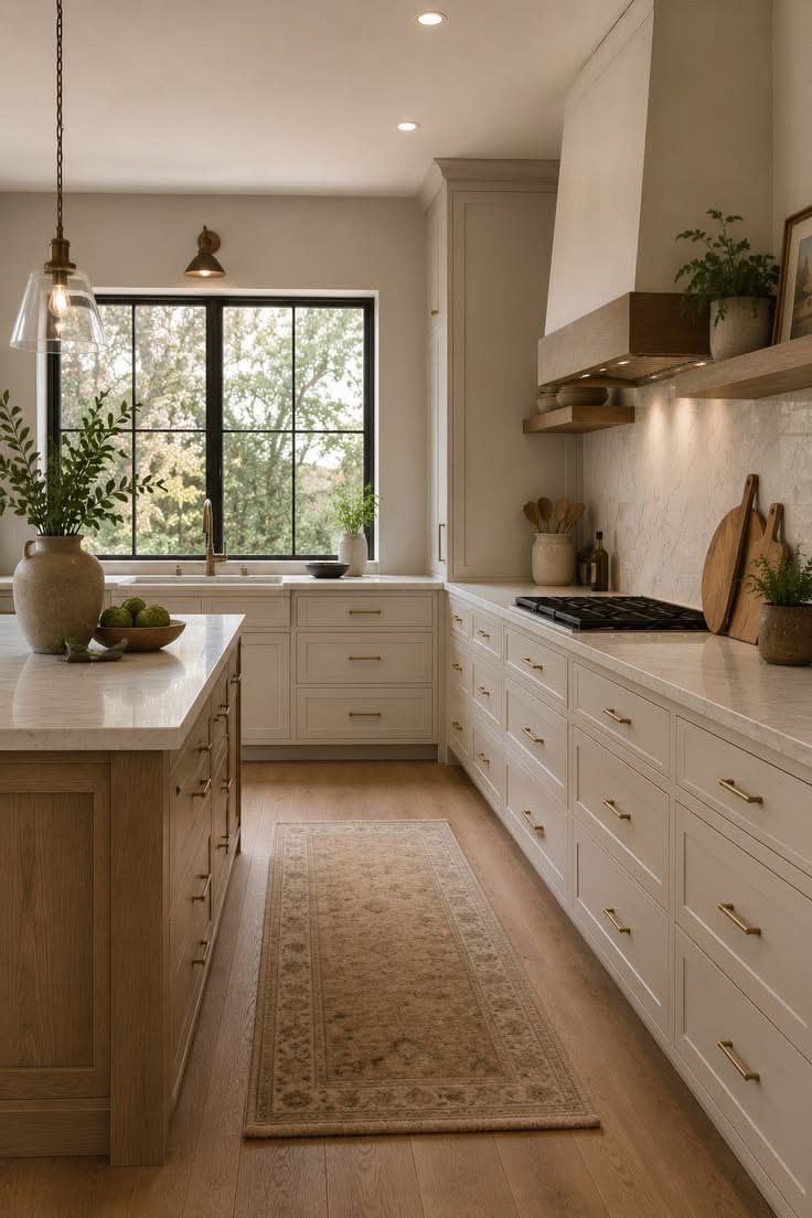 Kitchen with white oak island, stone counters and a vintage runner