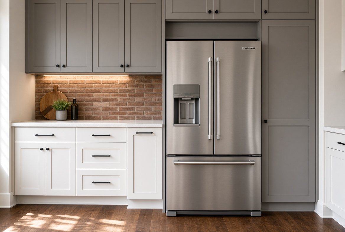 Kitchen with brick backsplash, gray uppers and stainless refrigerator