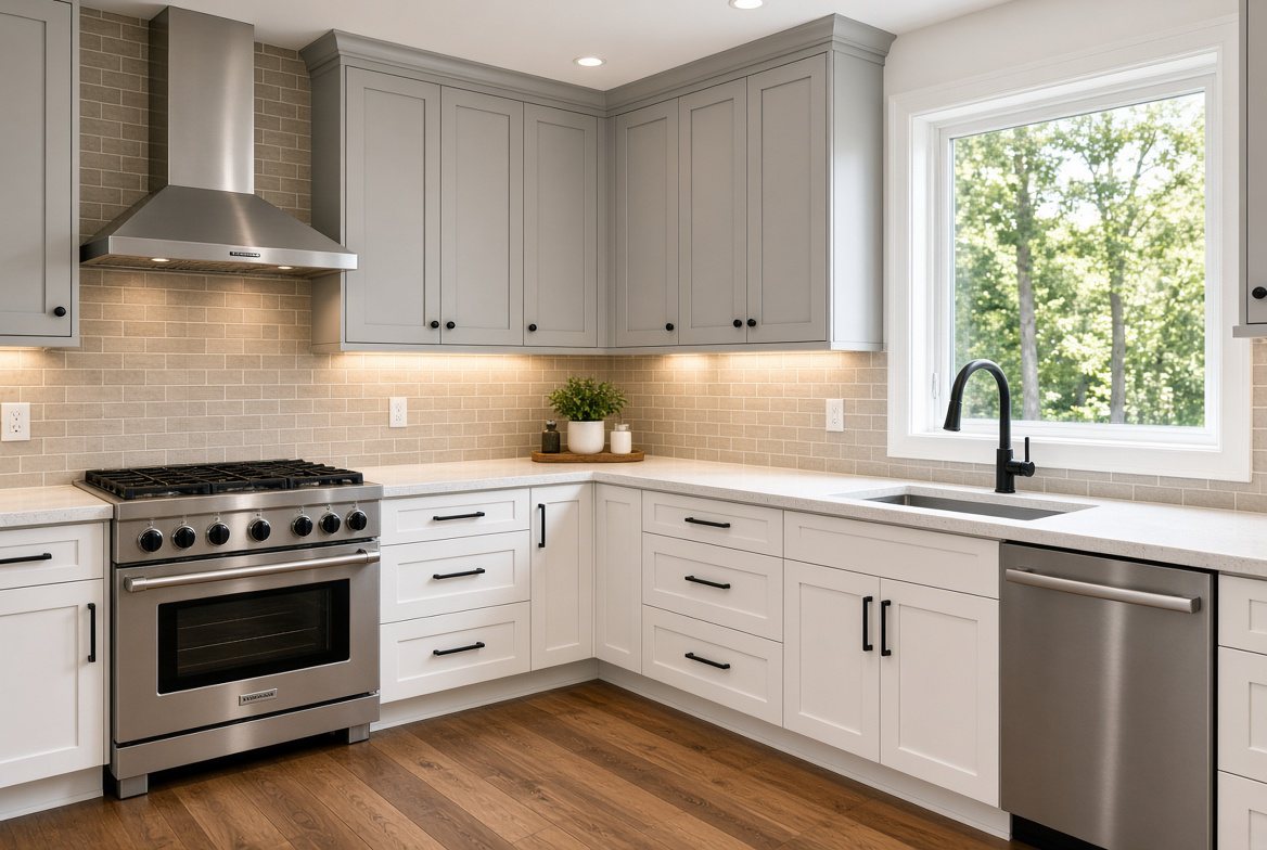 Kitchen remodel with gray upper cabinets, white shaker lowers and a stainless range