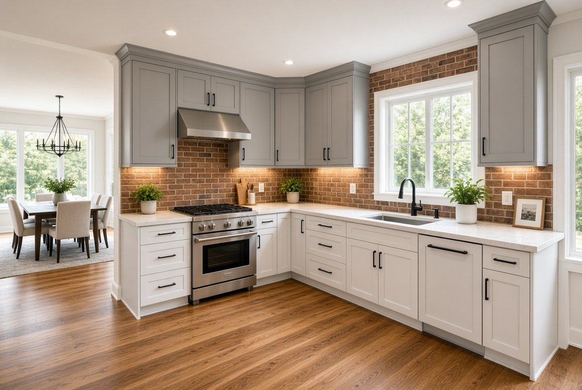 Kitchen with gray uppers, brick backsplash and an open dining room