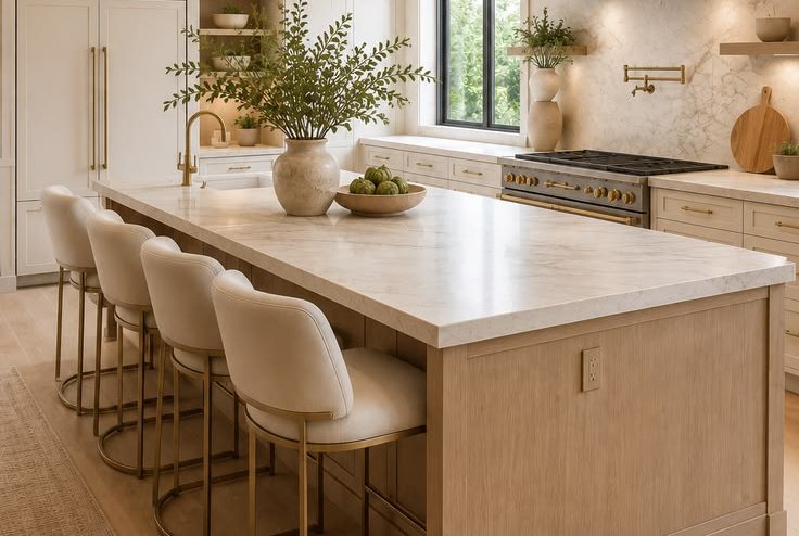 White oak island with upholstered stools and plaster range hood