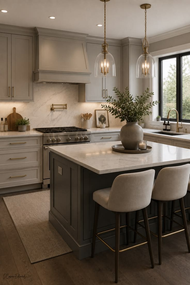 Kitchen with charcoal island, cream stools and brass pendants