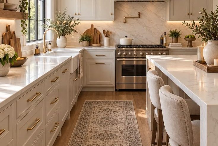 White kitchen with marble island, oak base and black steel windows