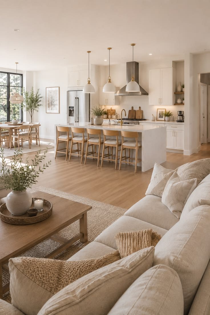 Open kitchen and living room with a long island and pendant lights
